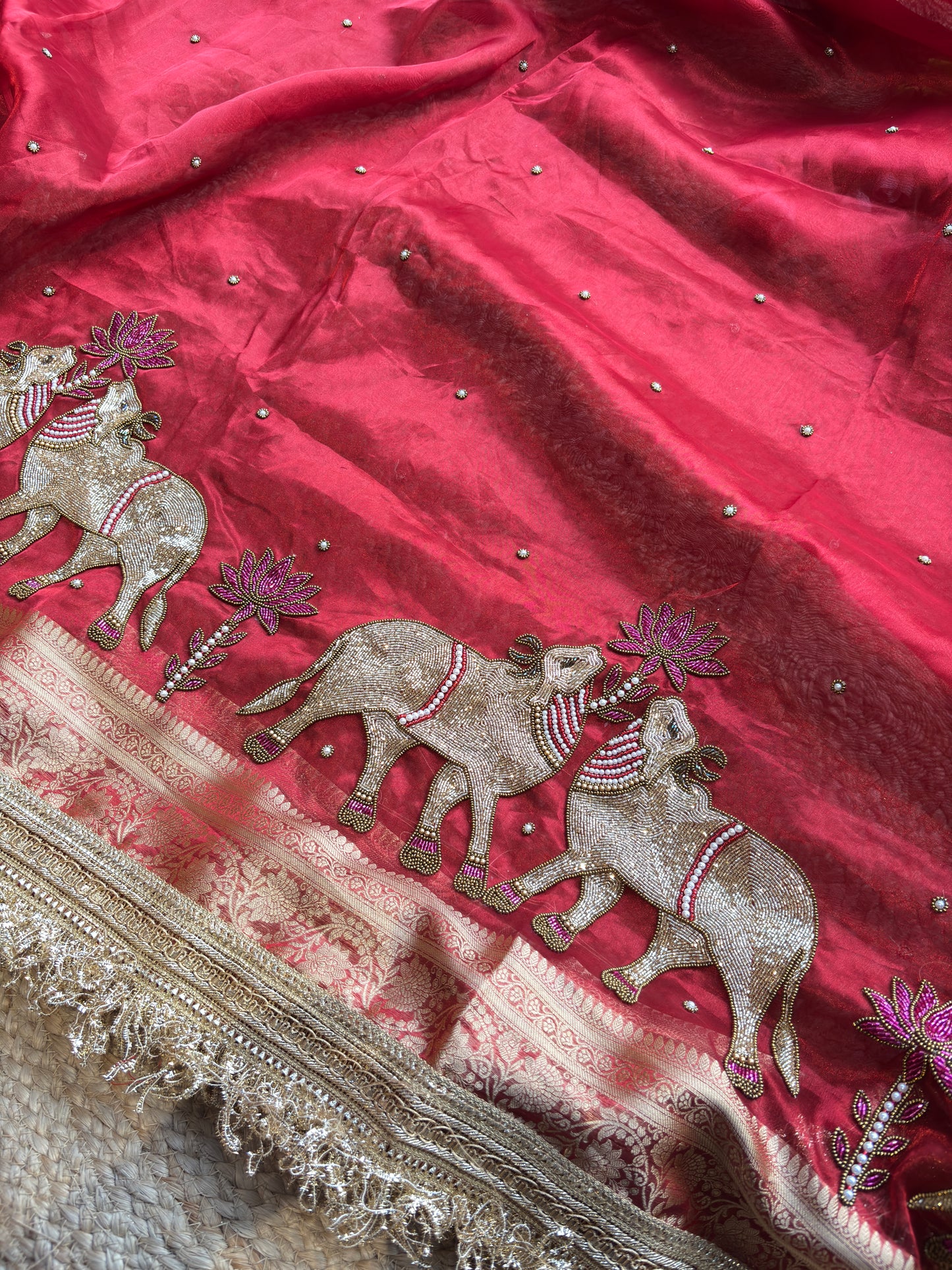 Red Saree with Pure Banarasi Tissue Nandi Motif & Rich Zari Border