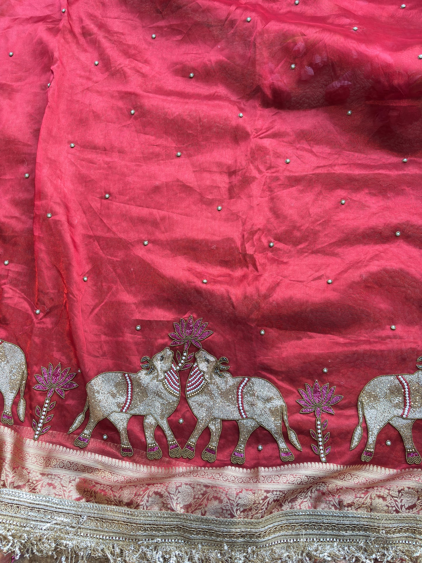Red Saree with Pure Banarasi Tissue Nandi Motif & Rich Zari Border