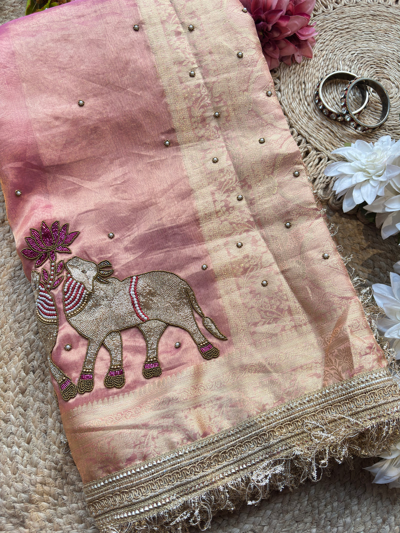 Blush Pink Saree with Pure Banarasi Tissue Nandi Motif & Zari Border
