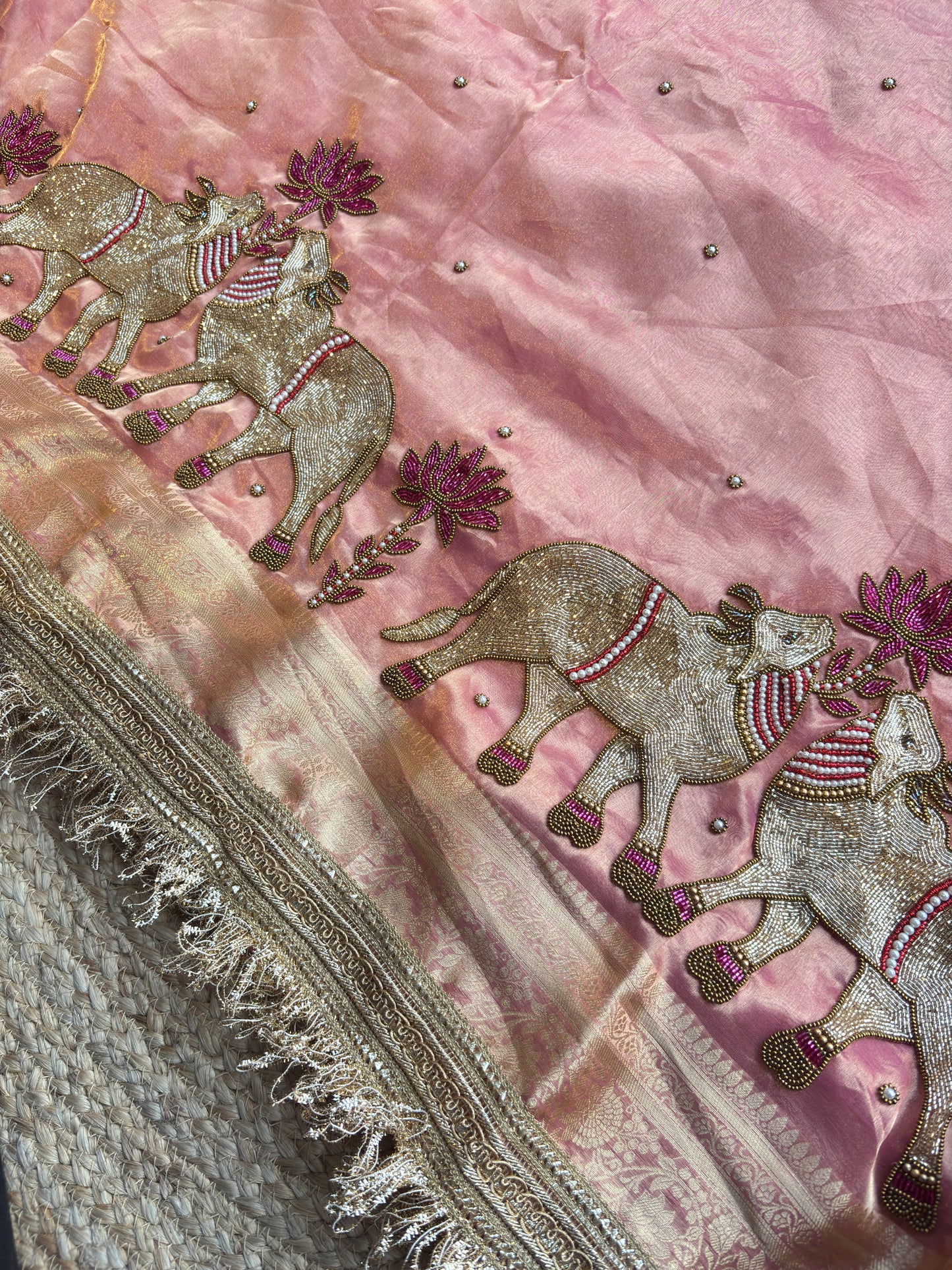 Blush Pink Saree with Pure Banarasi Tissue Nandi Motif & Zari Border