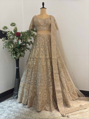 Grand Bridal Golden Lehenga with Sequins, Pearl & Miror Work