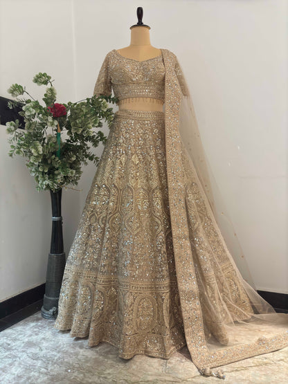 Grand Bridal Golden Lehenga with Sequins, Pearl & Miror Work