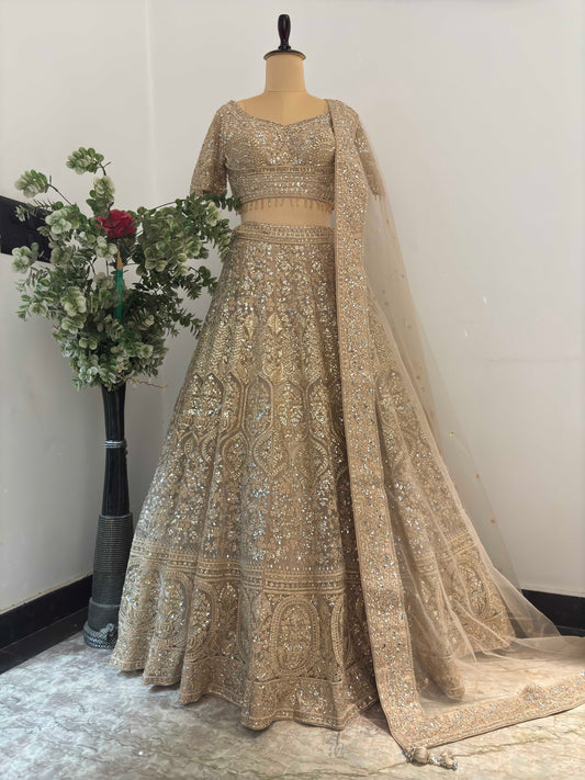 Grand Bridal Golden Lehenga with Sequins, Pearl & Miror Work