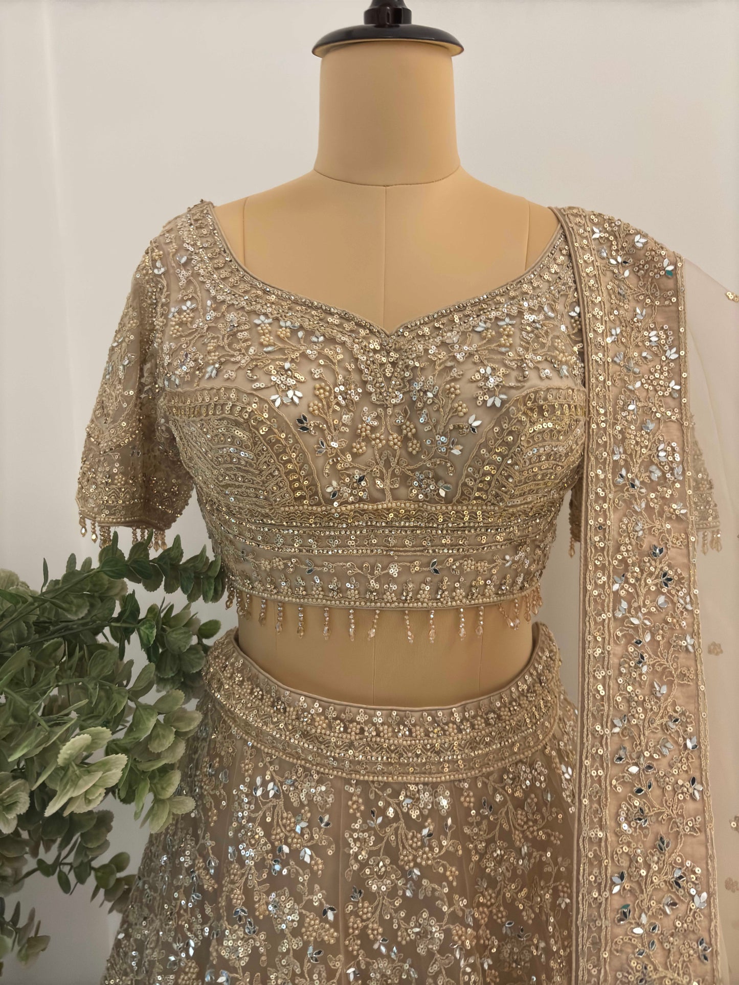 Grand Bridal Golden Lehenga with Sequins, Pearl & Miror Work