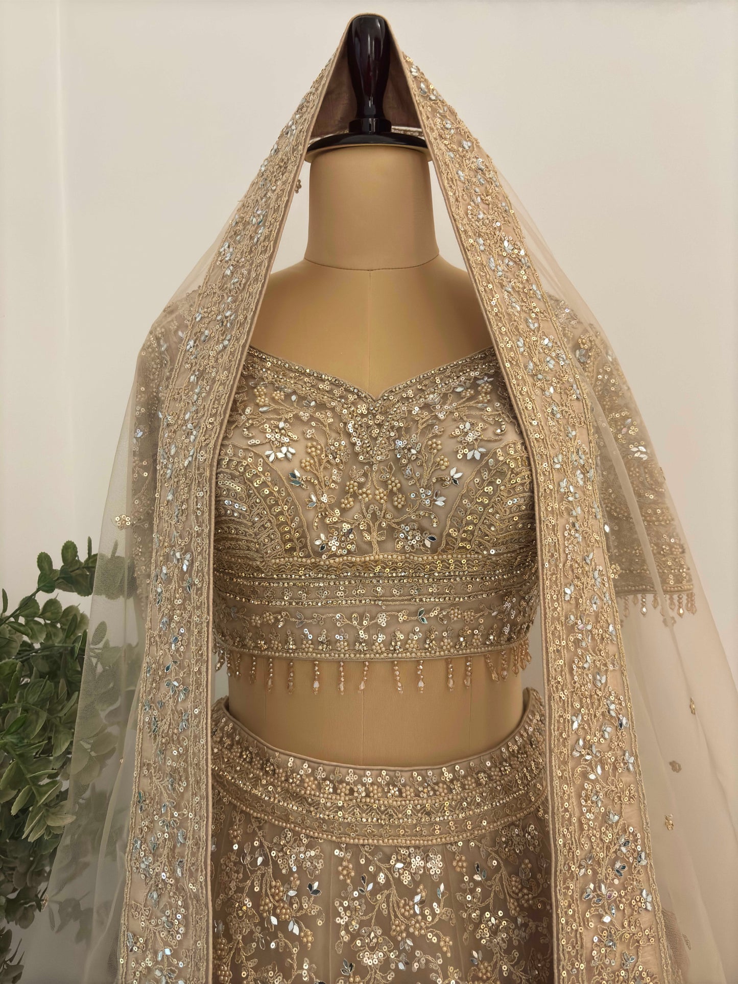 Grand Bridal Golden Lehenga with Sequins, Pearl & Miror Work