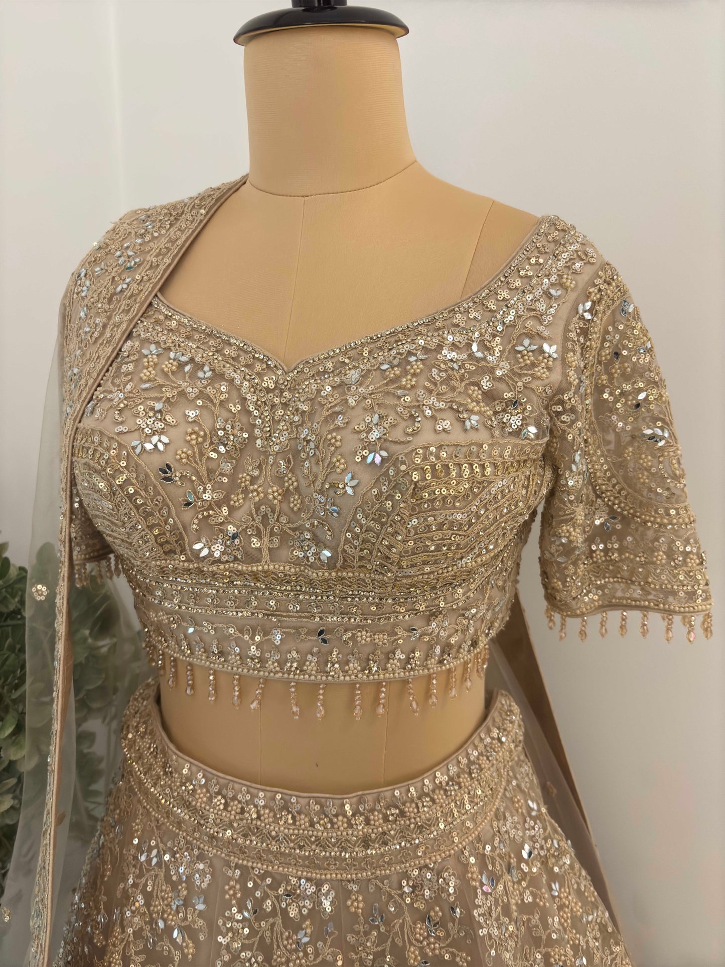 Grand Bridal Golden Lehenga with Sequins, Pearl & Miror Work