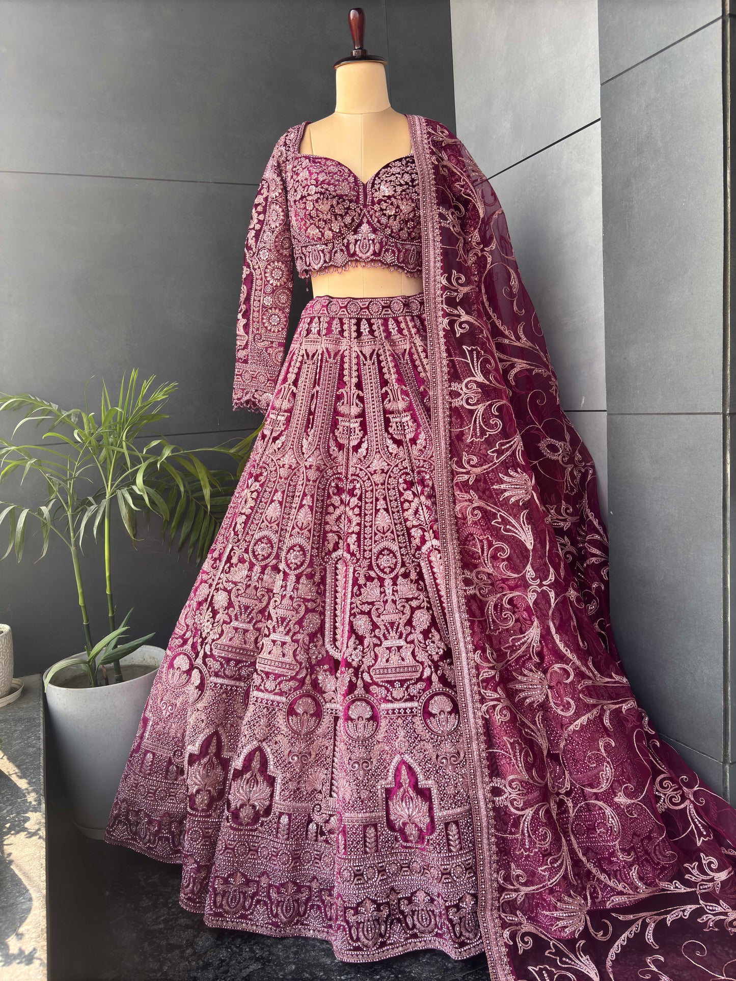 Wine Micro Velvet Lehenga with Zari, Sequins & Pearl Work