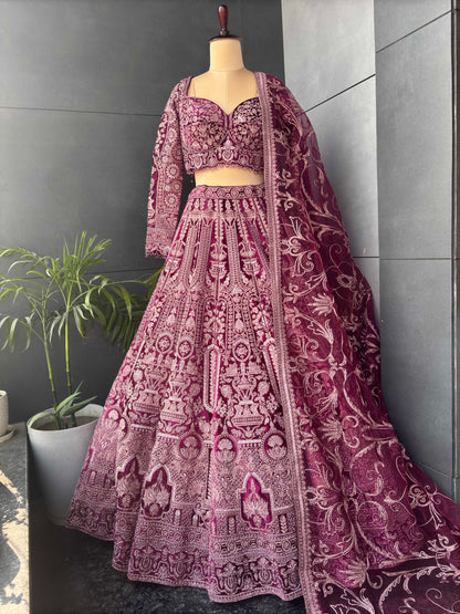 Wine Micro Velvet Lehenga with Zari, Sequins & Pearl Work
