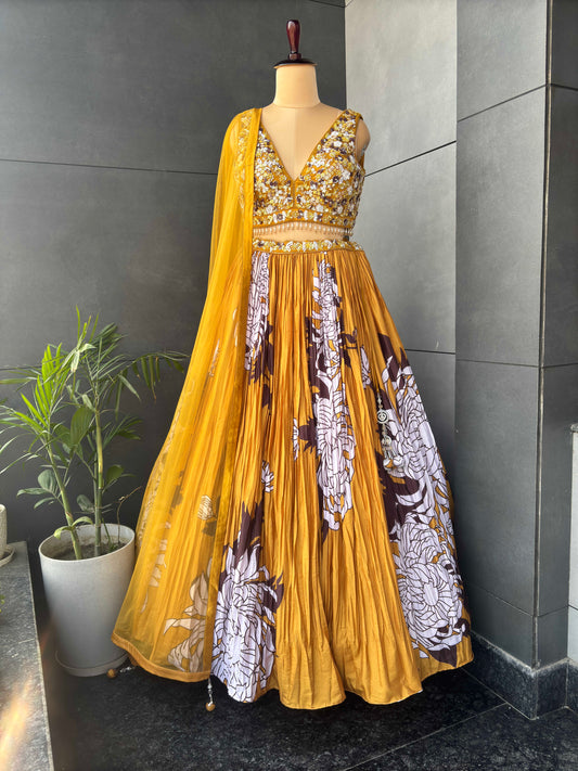 Mustard Yellow Floral Print Lehenga with Embroidered Blouse