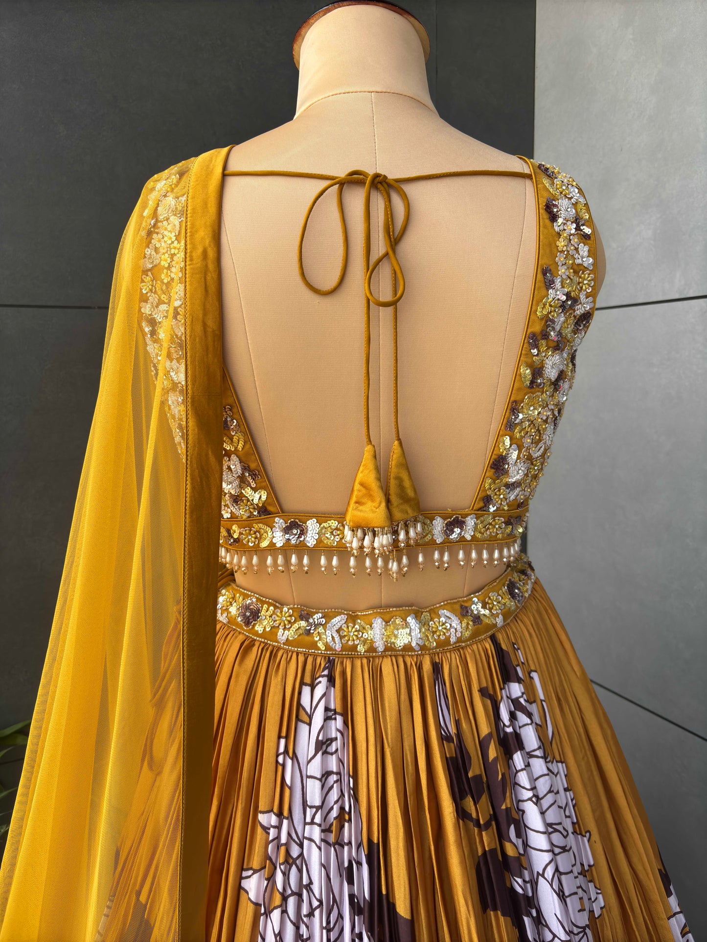 Mustard Yellow Floral Print Lehenga with Embroidered Blouse