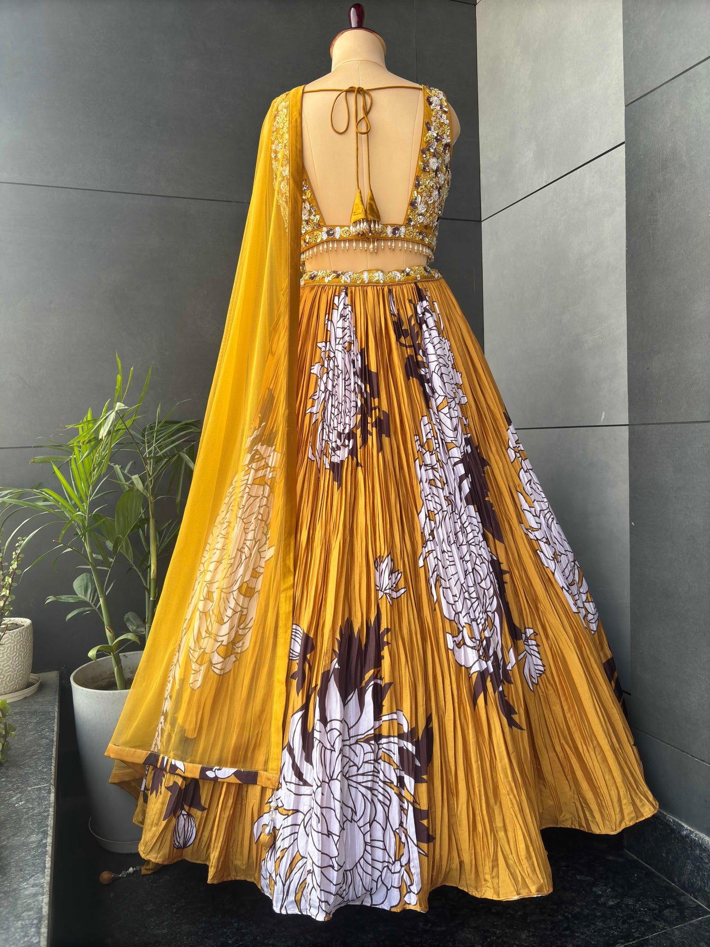 Mustard Yellow Floral Print Lehenga with Embroidered Blouse