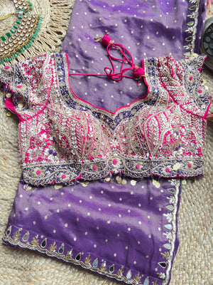 Purple Designer Saree with Embellished Blouse & Mirror Work Border