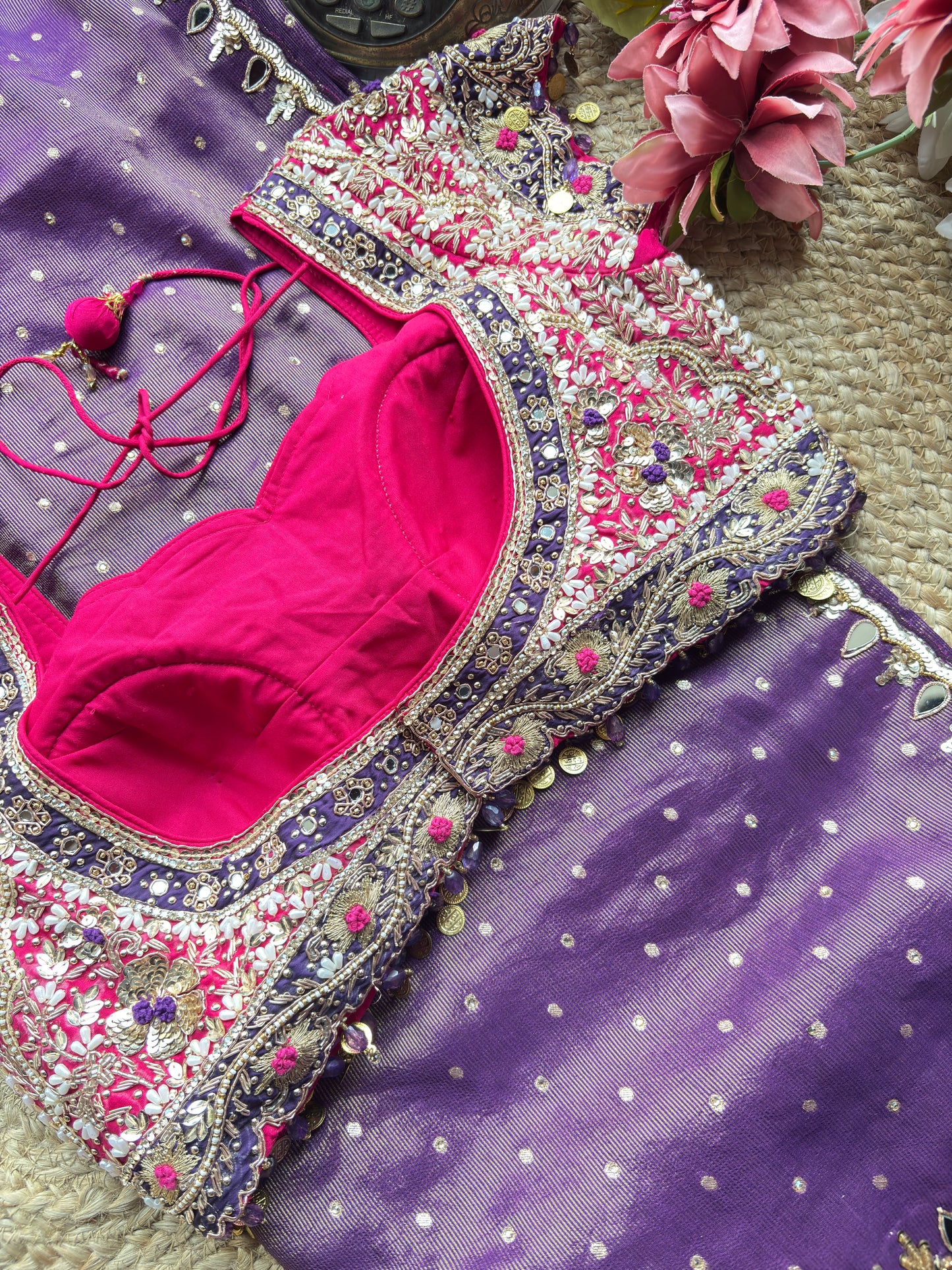 Purple Designer Saree with Embellished Blouse & Mirror Work Border