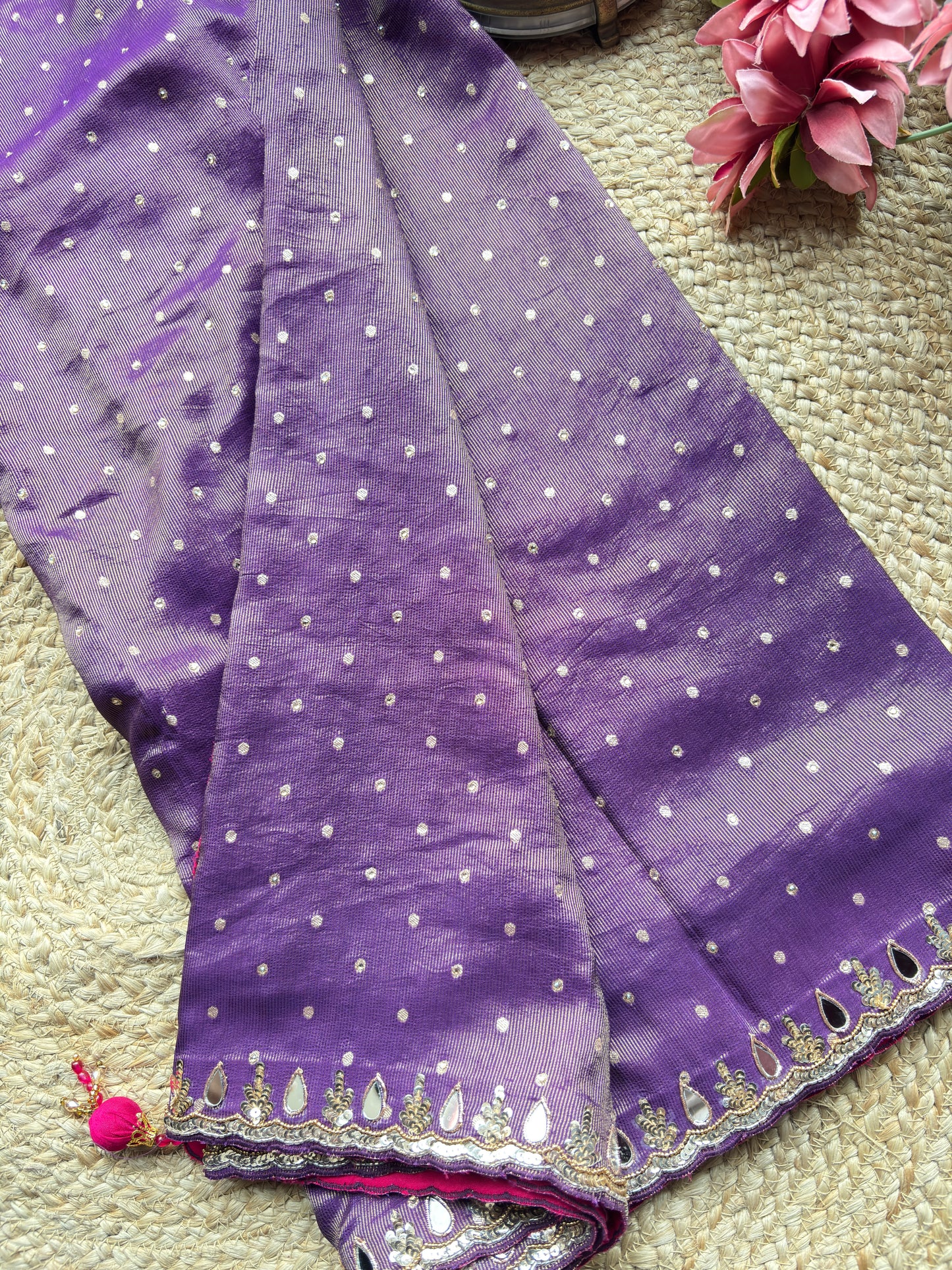 Purple Designer Saree with Embellished Blouse & Mirror Work Border