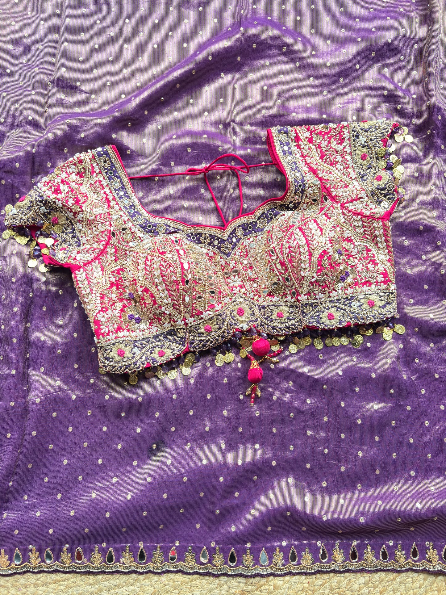 Purple Designer Saree with Embellished Blouse & Mirror Work Border