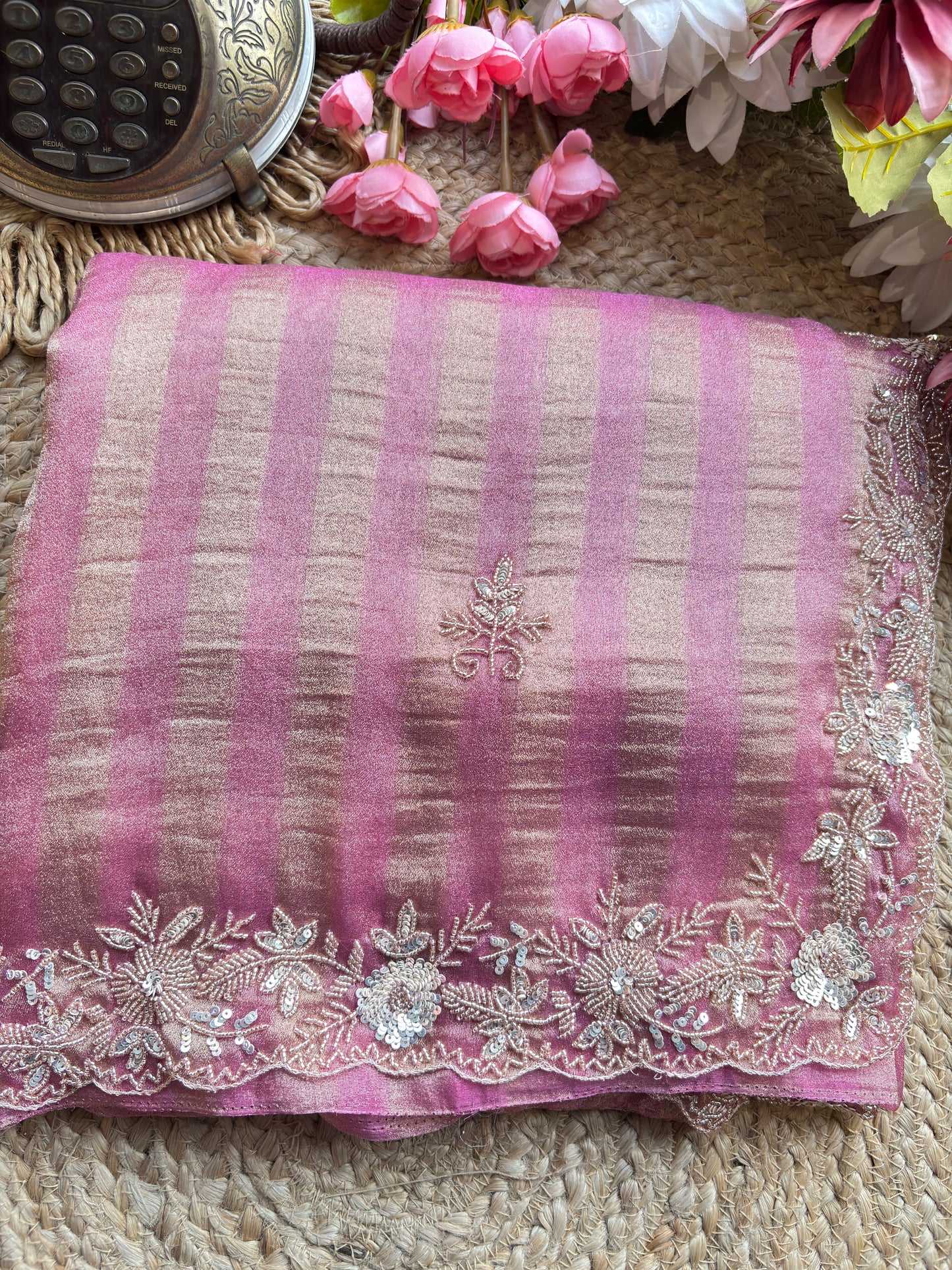 Pink Designer Saree with Embellished Border & Sequin Detailing