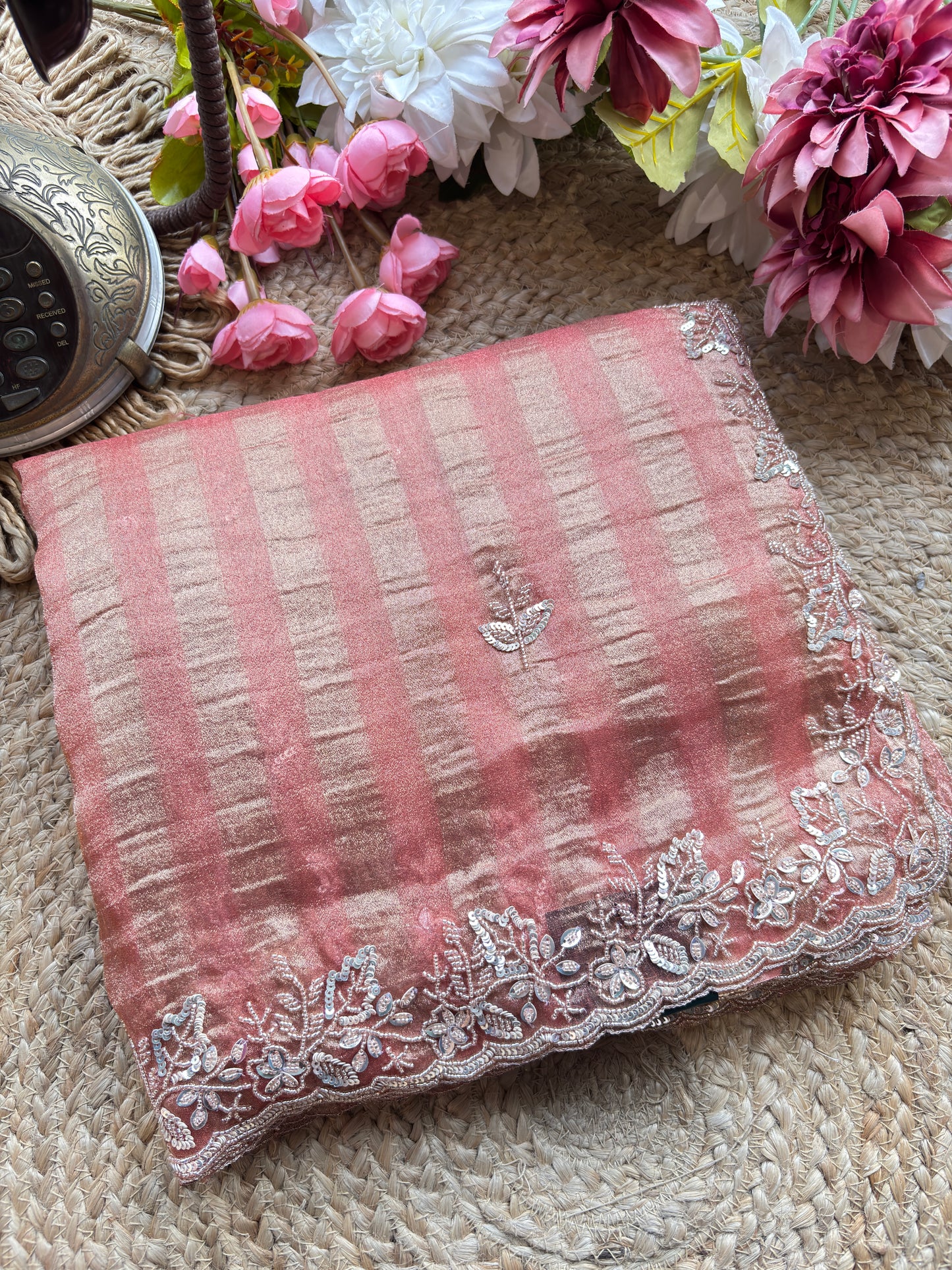 Peach Designer Saree with Embellished Border & Sequin Detailing