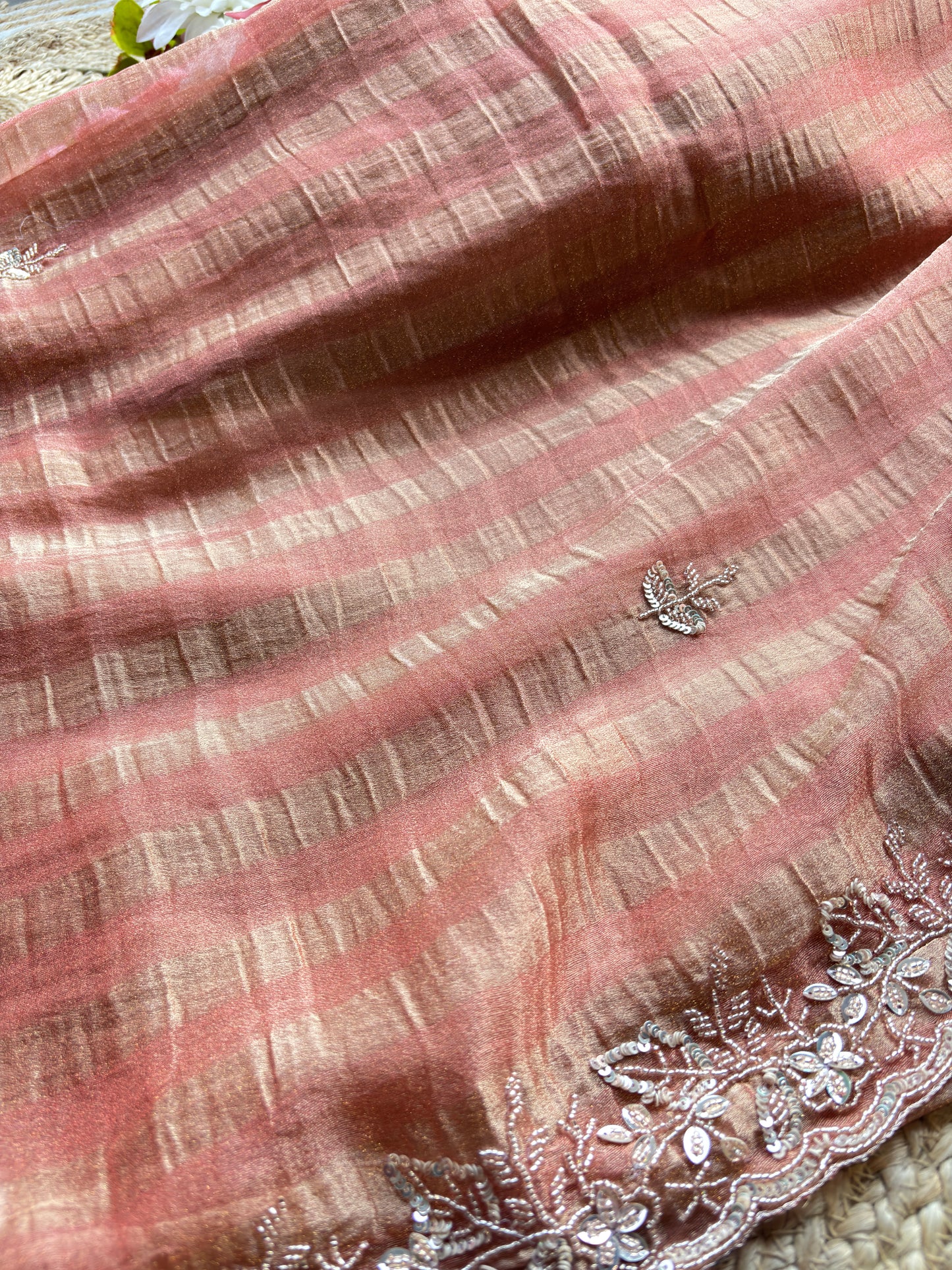 Peach Designer Saree with Embellished Border & Sequin Detailing