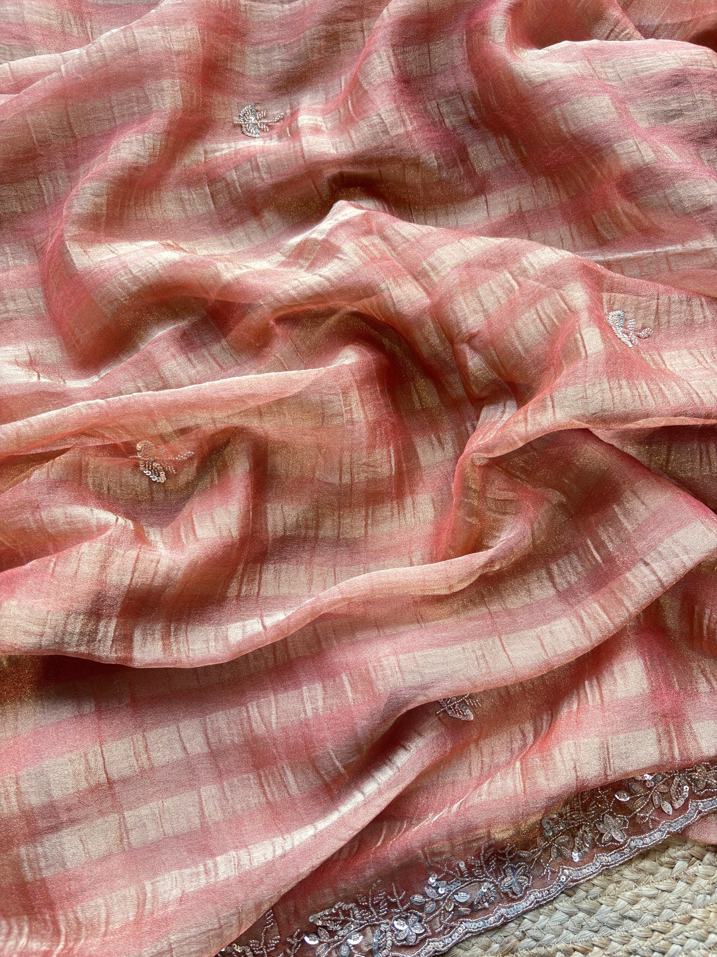 Peach Designer Saree with Embellished Border & Sequin Detailing