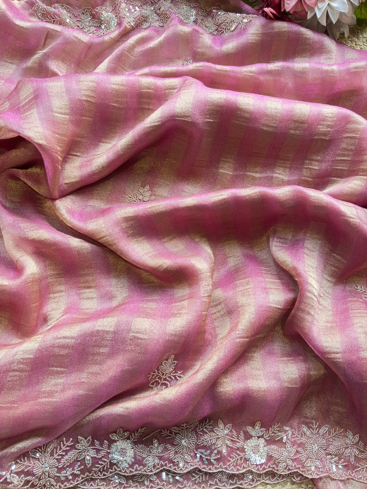 Pink Designer Saree with Embellished Border & Sequin Detailing