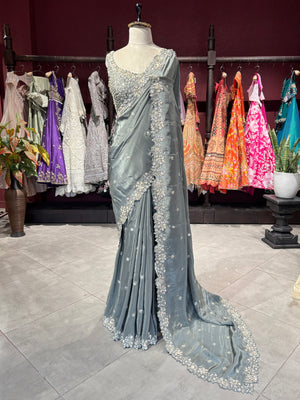 Grey Designer Saree with Pearl Embellished Border