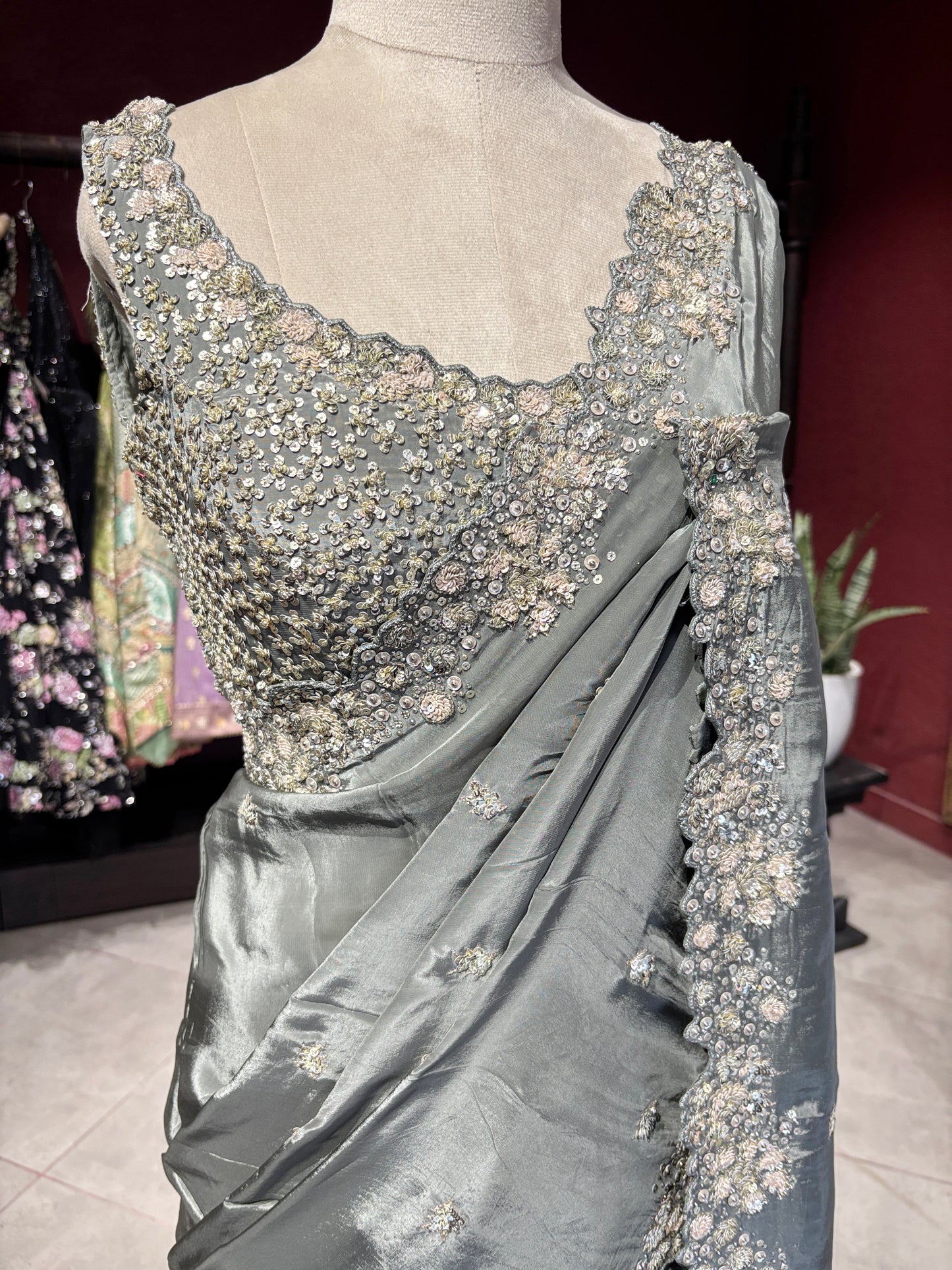 Grey Designer Saree with Pearl Embellished Border