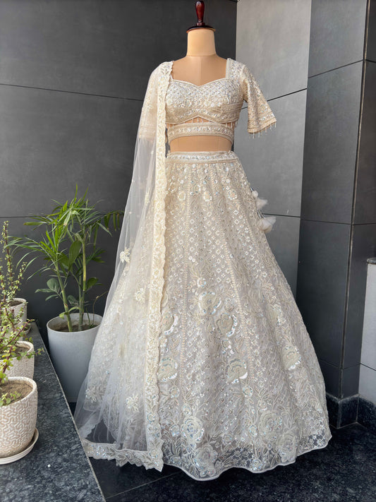 Off-White Lehenga with Sequins & Cutdana Work Multi