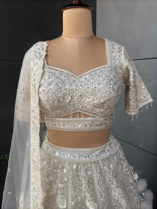Off-White Lehenga with Sequins & Cutdana Work Multi