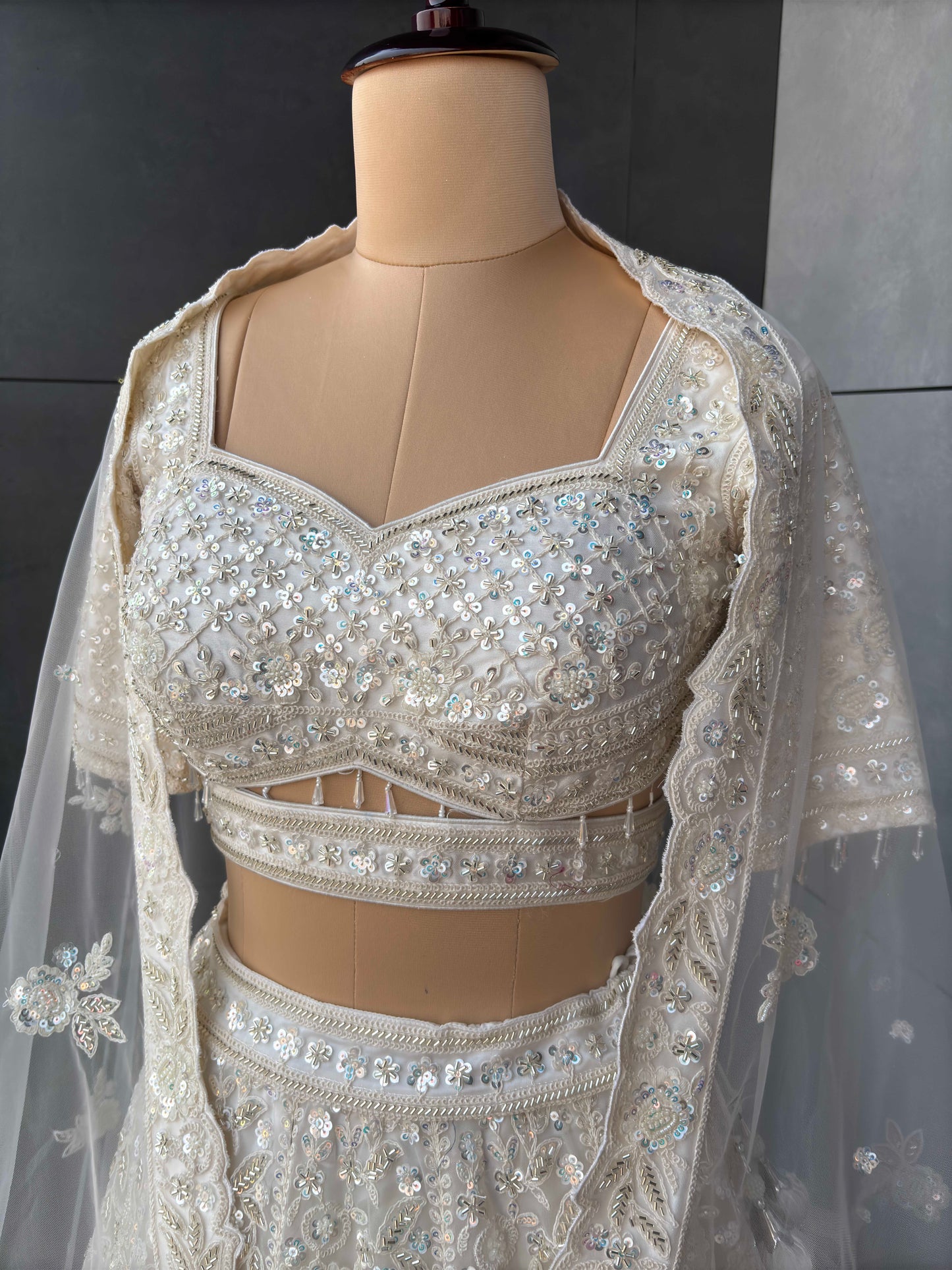 Off-White Lehenga with Sequins & Cutdana Work Multi