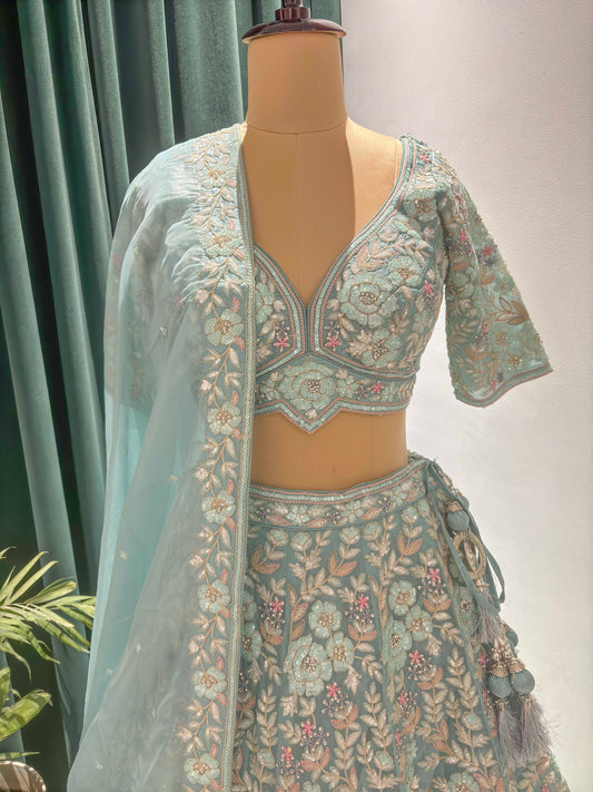 Designer Lehega with Sequins, Zari & American Diamond Work