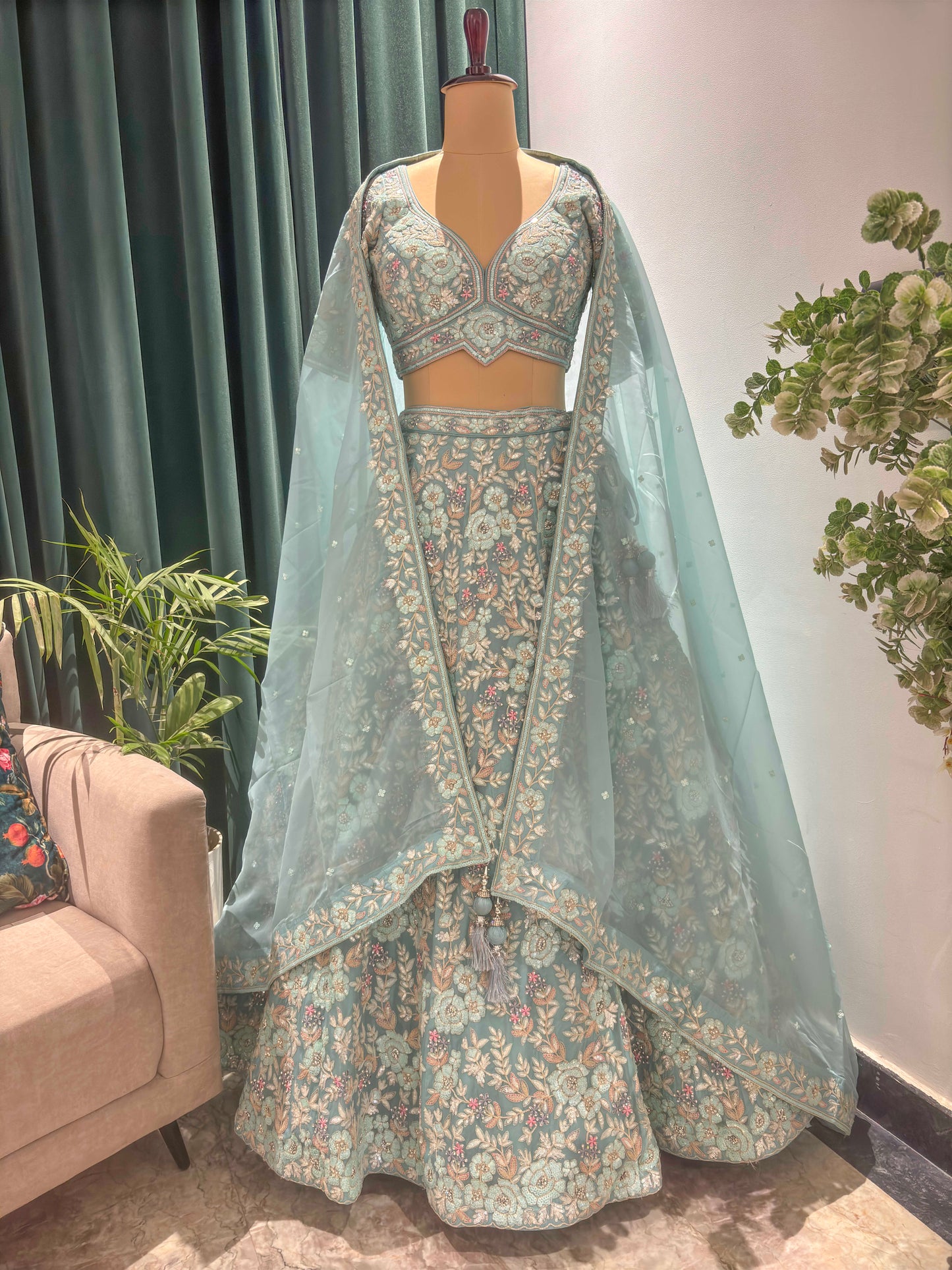 Designer Lehega with Sequins, Zari & American Diamond Work