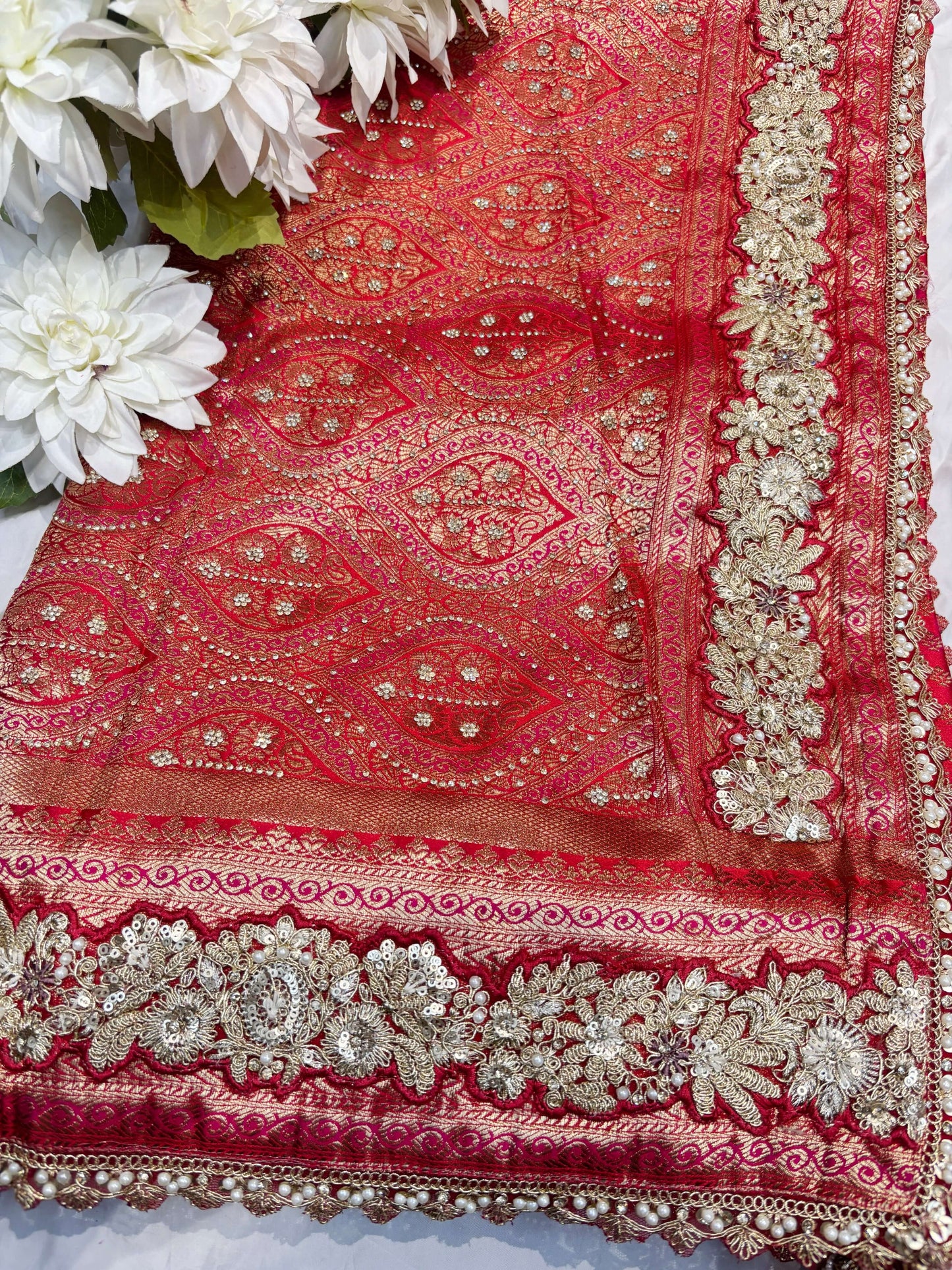 Red Banarasi Style Saree with Golden Zari Buti & Embroidered Border
