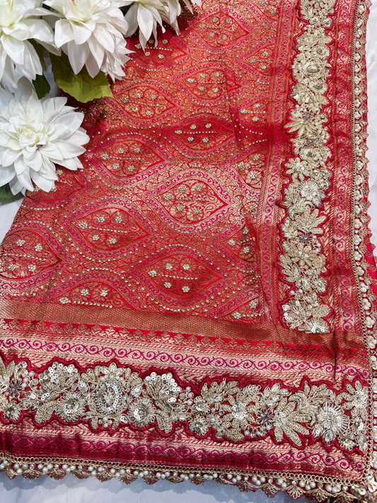Red Banarasi Style Saree with Golden Zari Buti & Embroidered Border