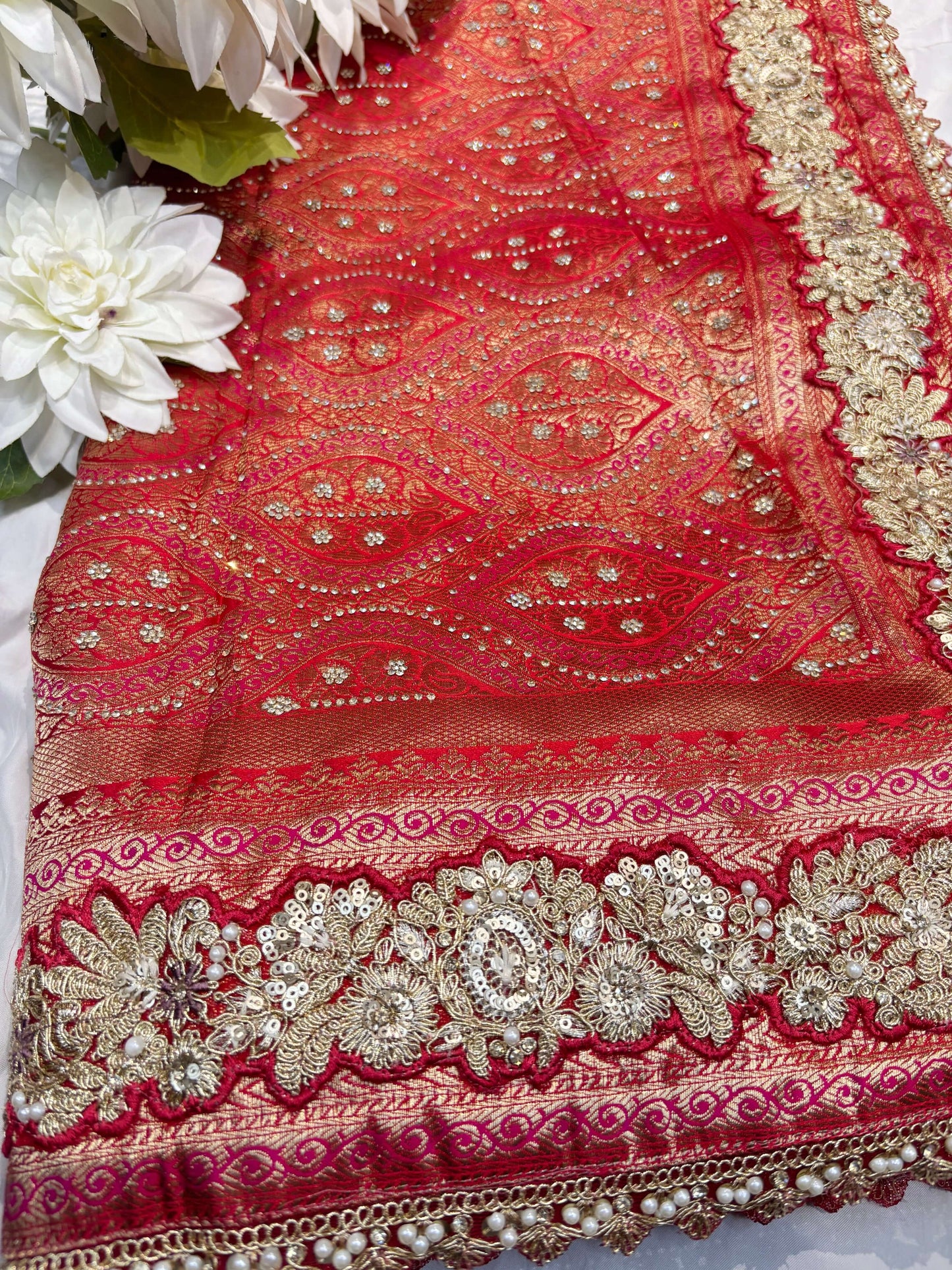 Red Banarasi Style Saree with Golden Zari Buti & Embroidered Border