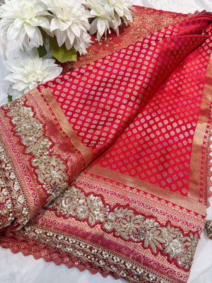 Red Banarasi Style Saree with Golden Zari Buti & Embroidered Border