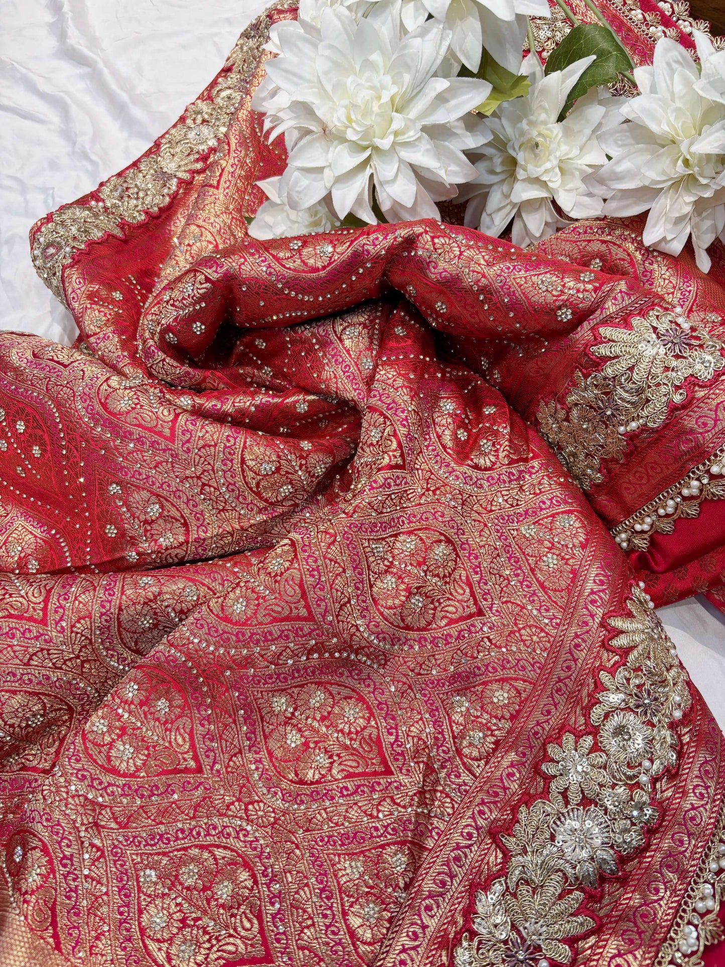 Red Banarasi Style Saree with Golden Zari Buti & Embroidered Border