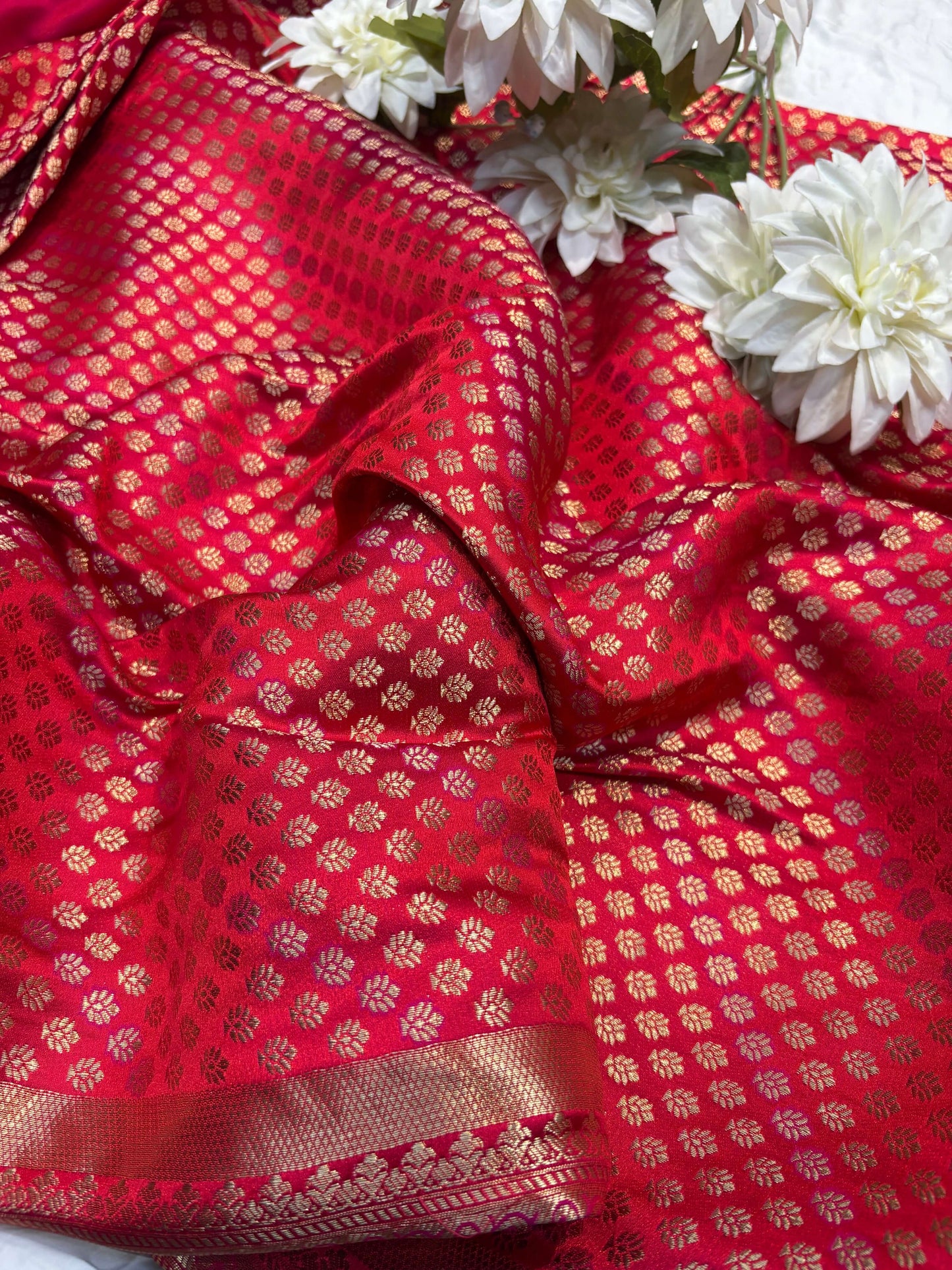 Red Banarasi Style Saree with Golden Zari Buti & Embroidered Border