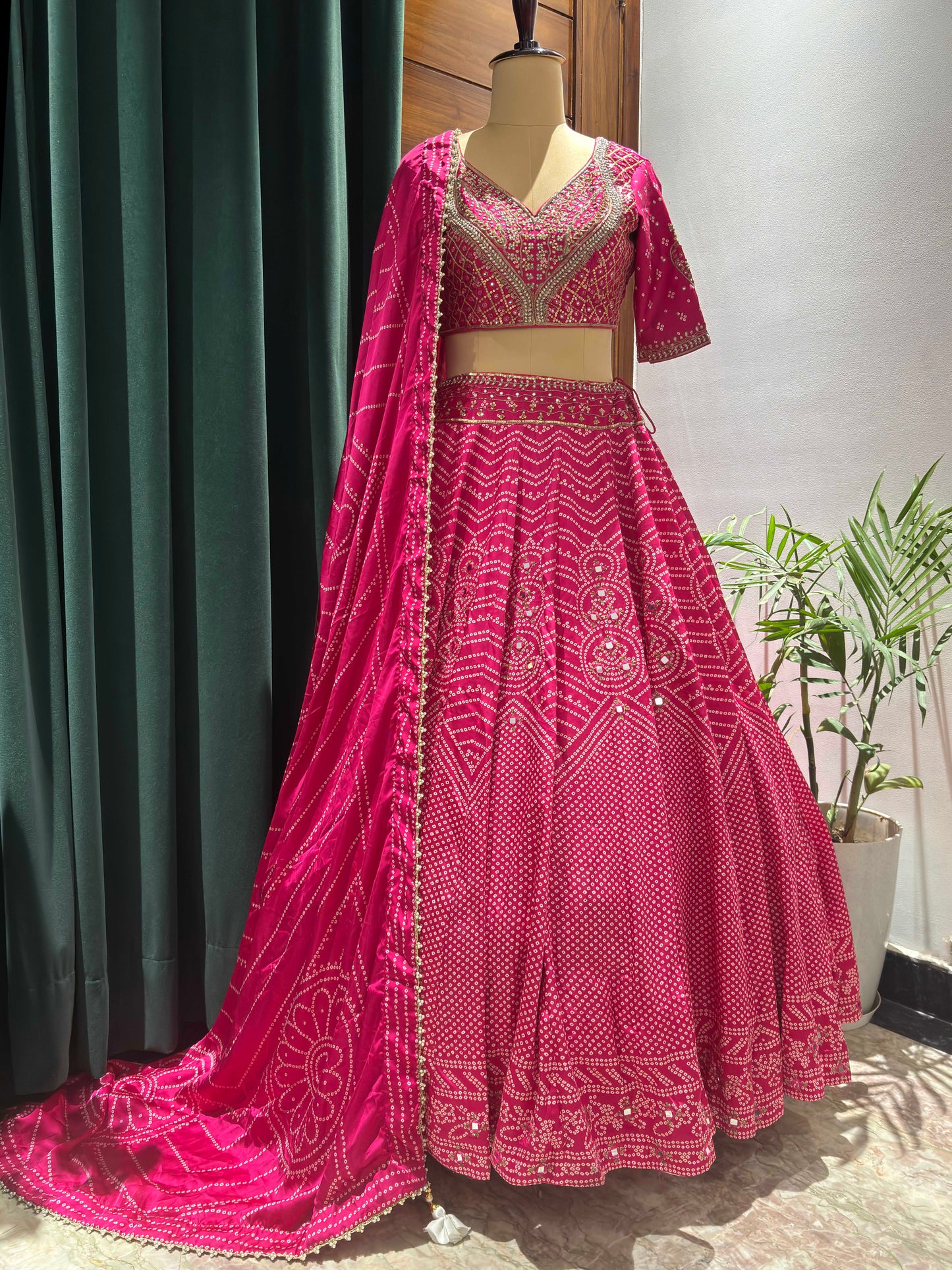 Bandhani Crepe Lehenga with Sequins & Pearl Work