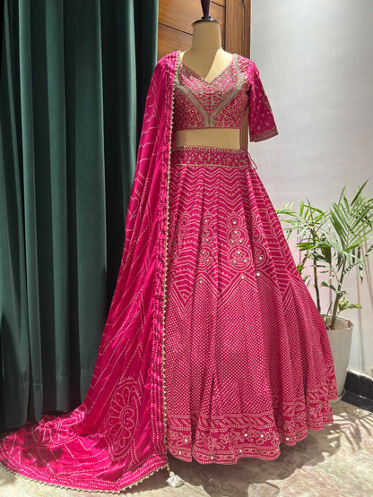 Bandhani Crepe Lehenga with Sequins & Pearl Work
