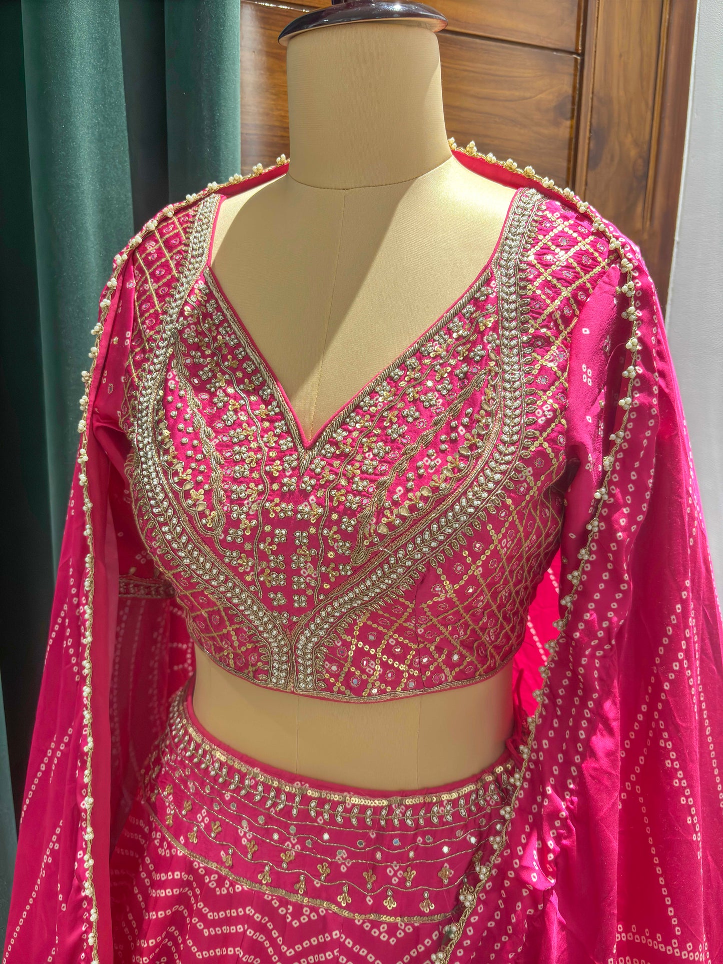 Bandhani Crepe Lehenga with Sequins & Pearl Work