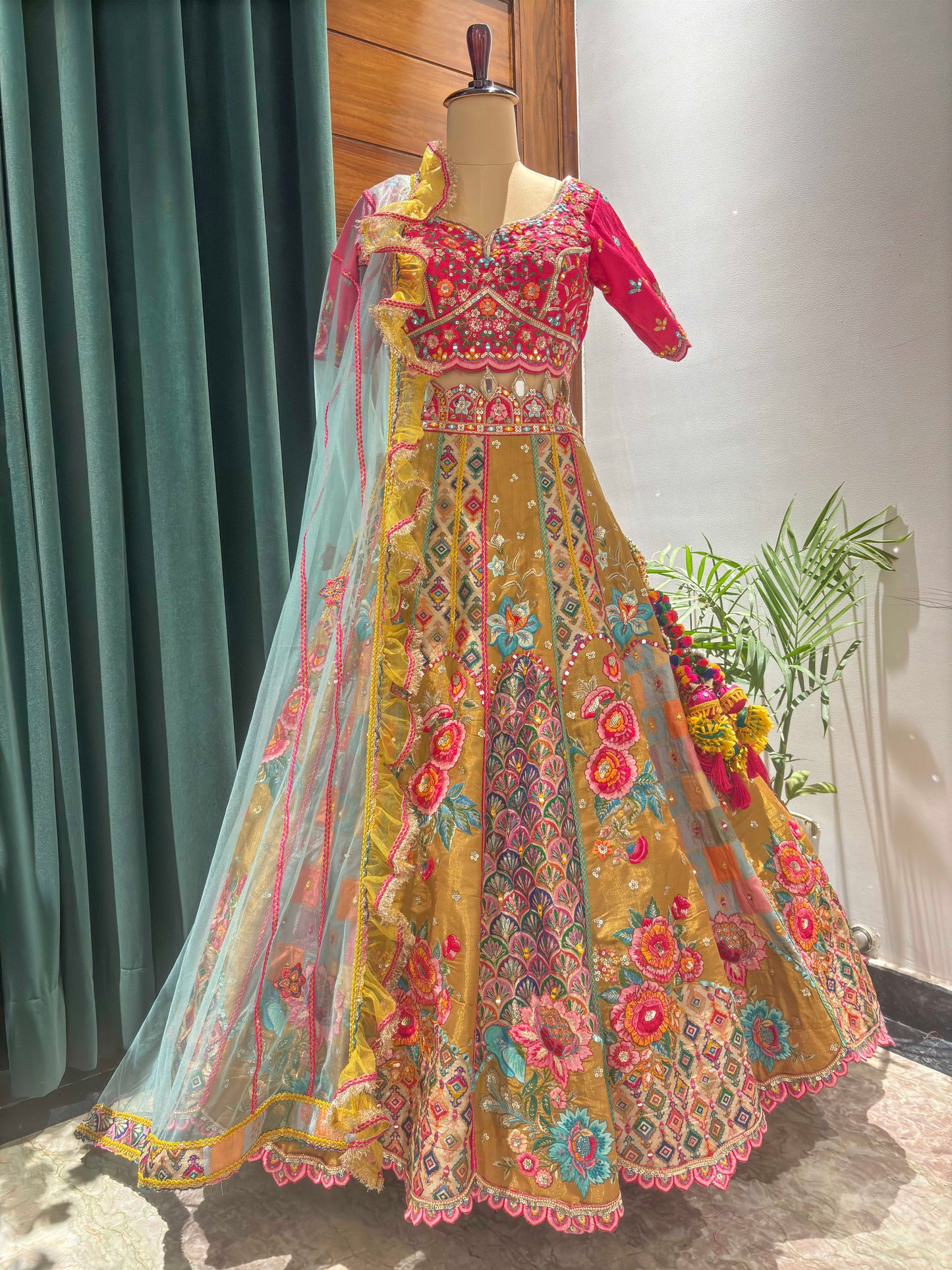 Floral Embroidered Designer Lehenga Set with Net Dupatta