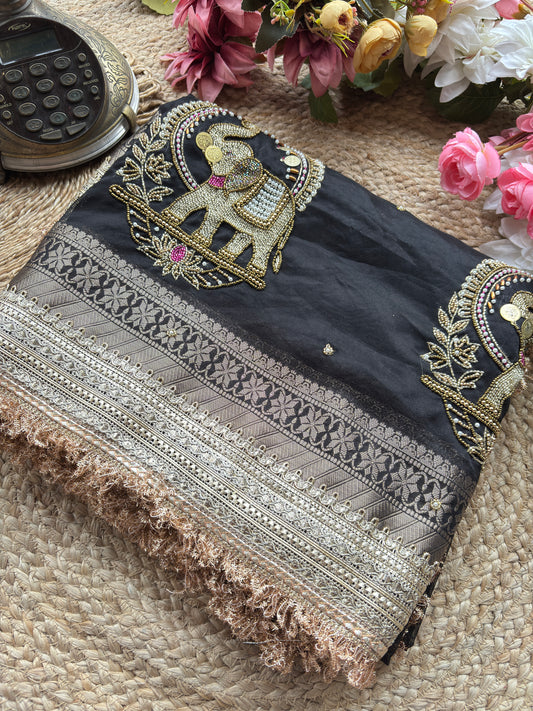 Black Gajanand Maharani Saree With Embroidery and Golden Border