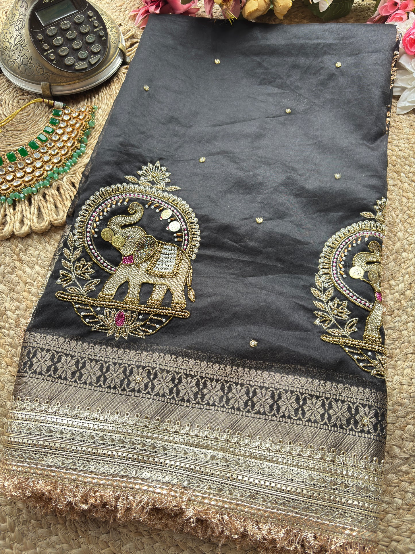 Black Gajanand Maharani Saree With Embroidery and Golden Border