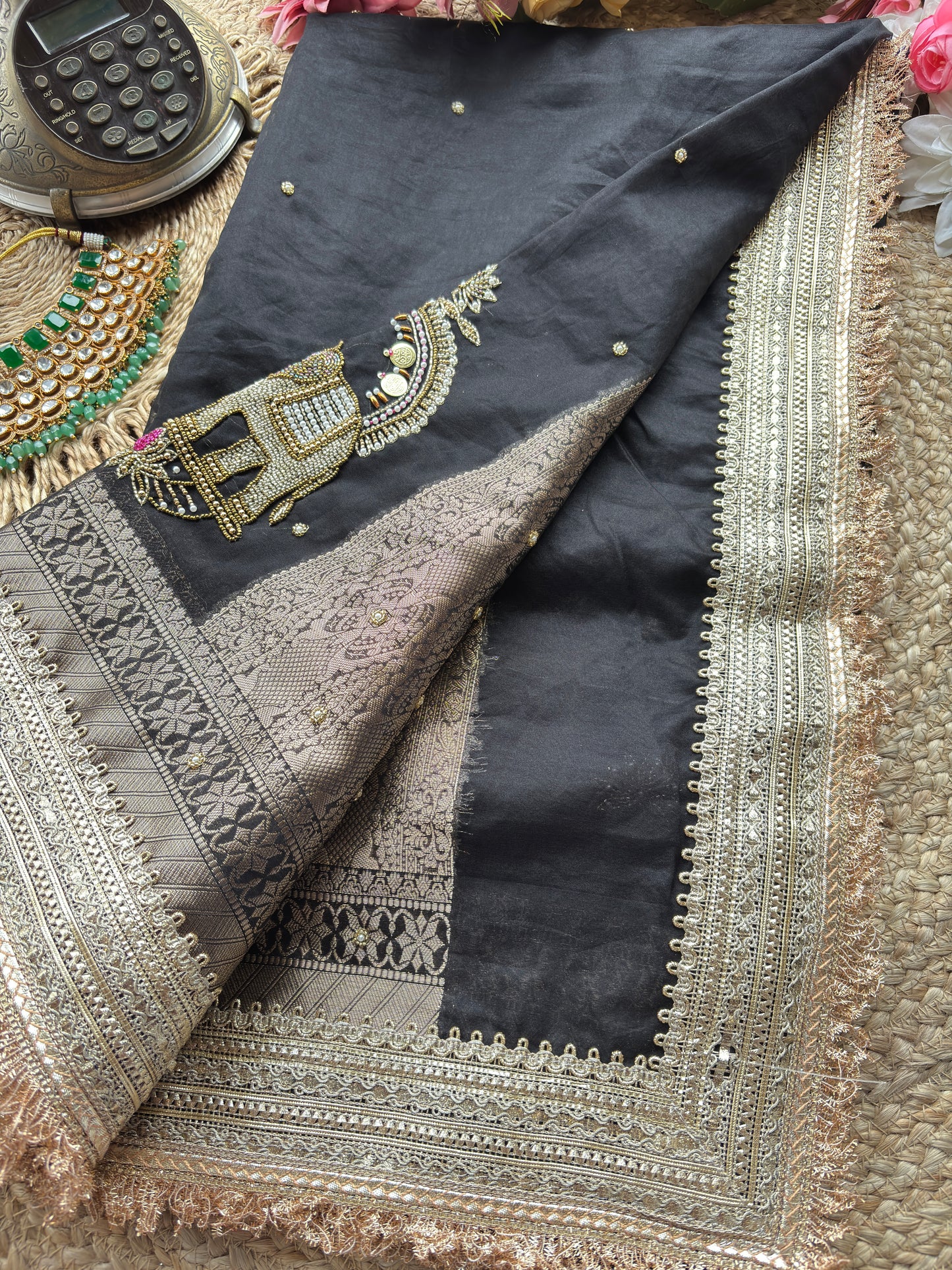 Black Gajanand Maharani Saree With Embroidery and Golden Border