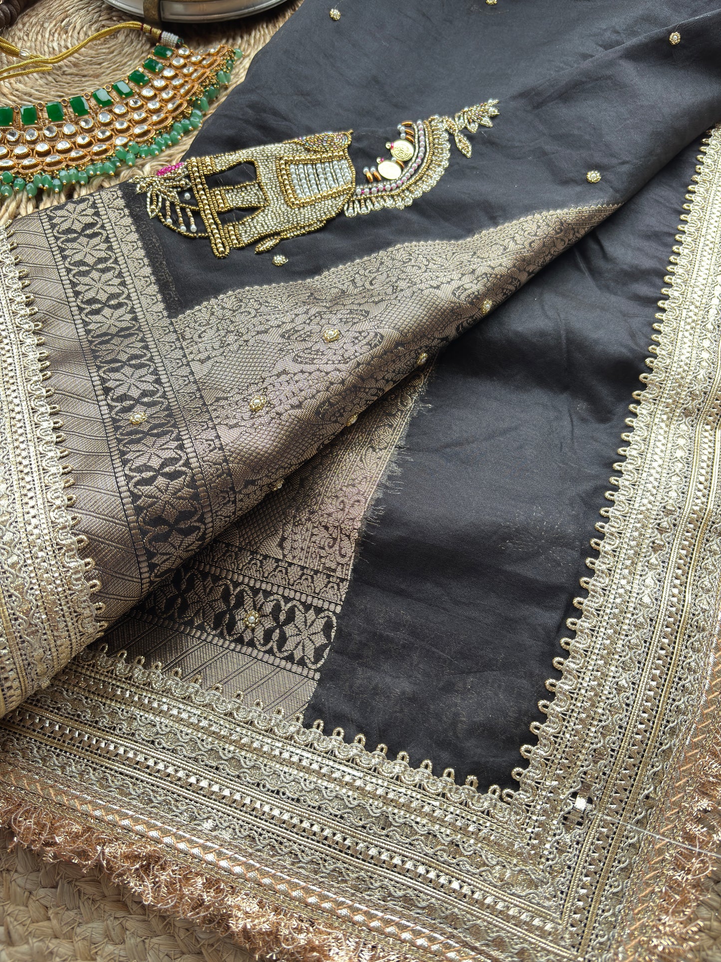 Black Gajanand Maharani Saree With Embroidery and Golden Border