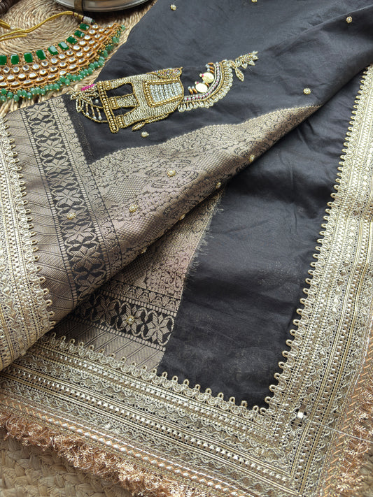 Black Gajanand Maharani Saree With Embroidery and Golden Border