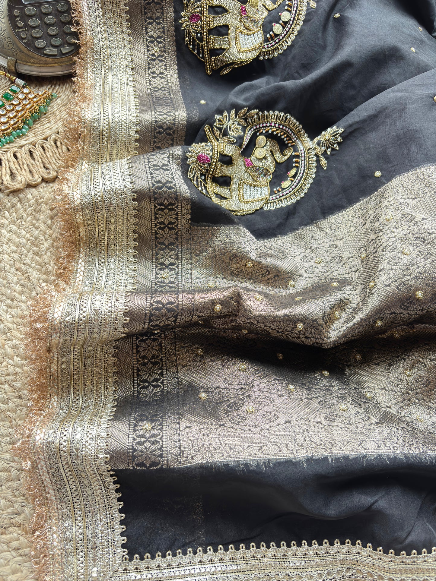 Black Gajanand Maharani Saree With Embroidery and Golden Border