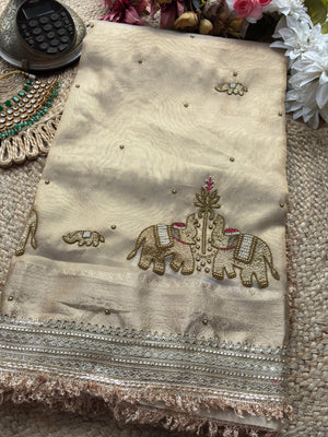 Gajraj Maharani Gold Designer Saree with Royal Elephant Embroidery