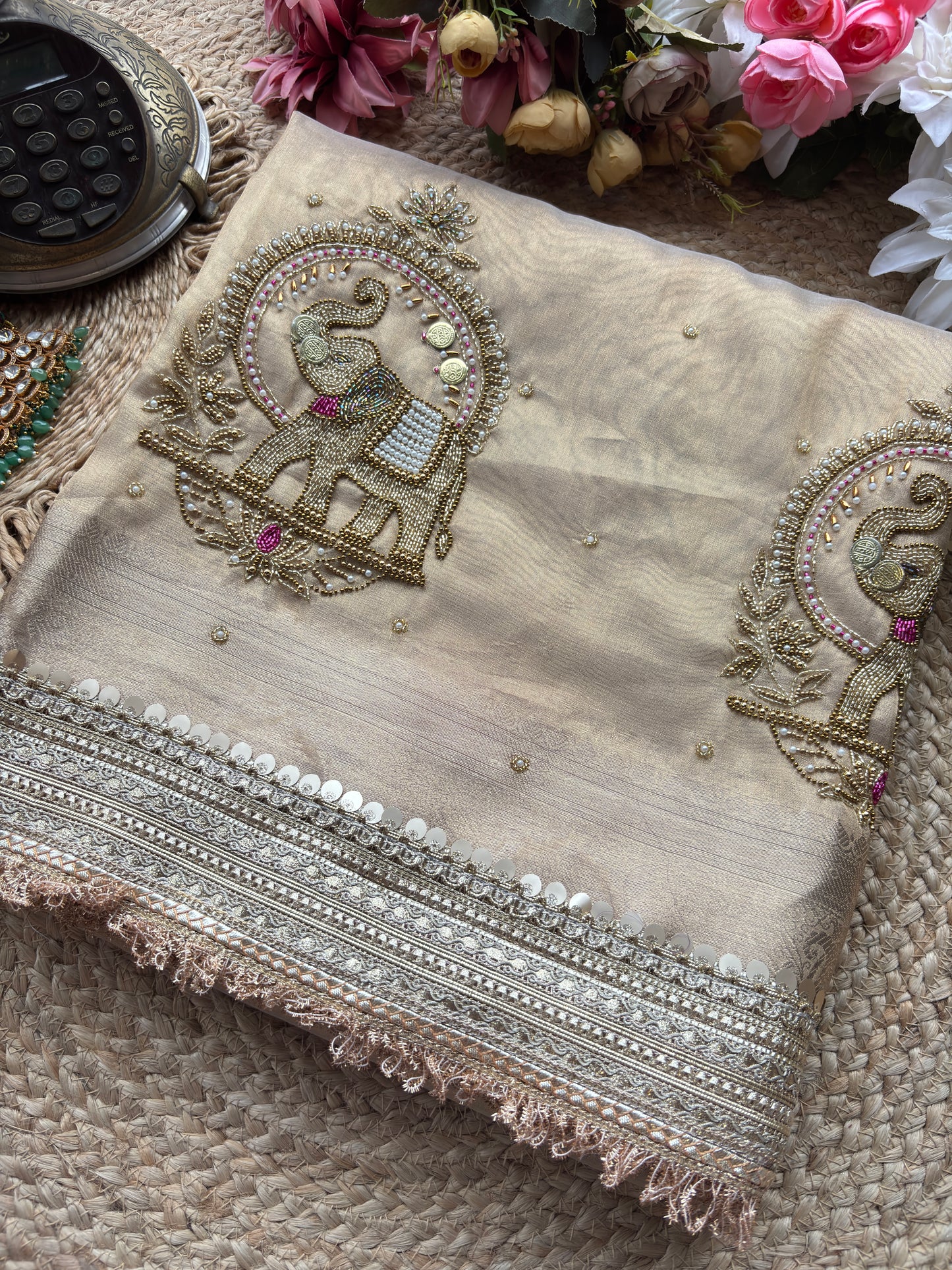 Golden Gajanand Maharani Saree With Embroidery and Golden Border