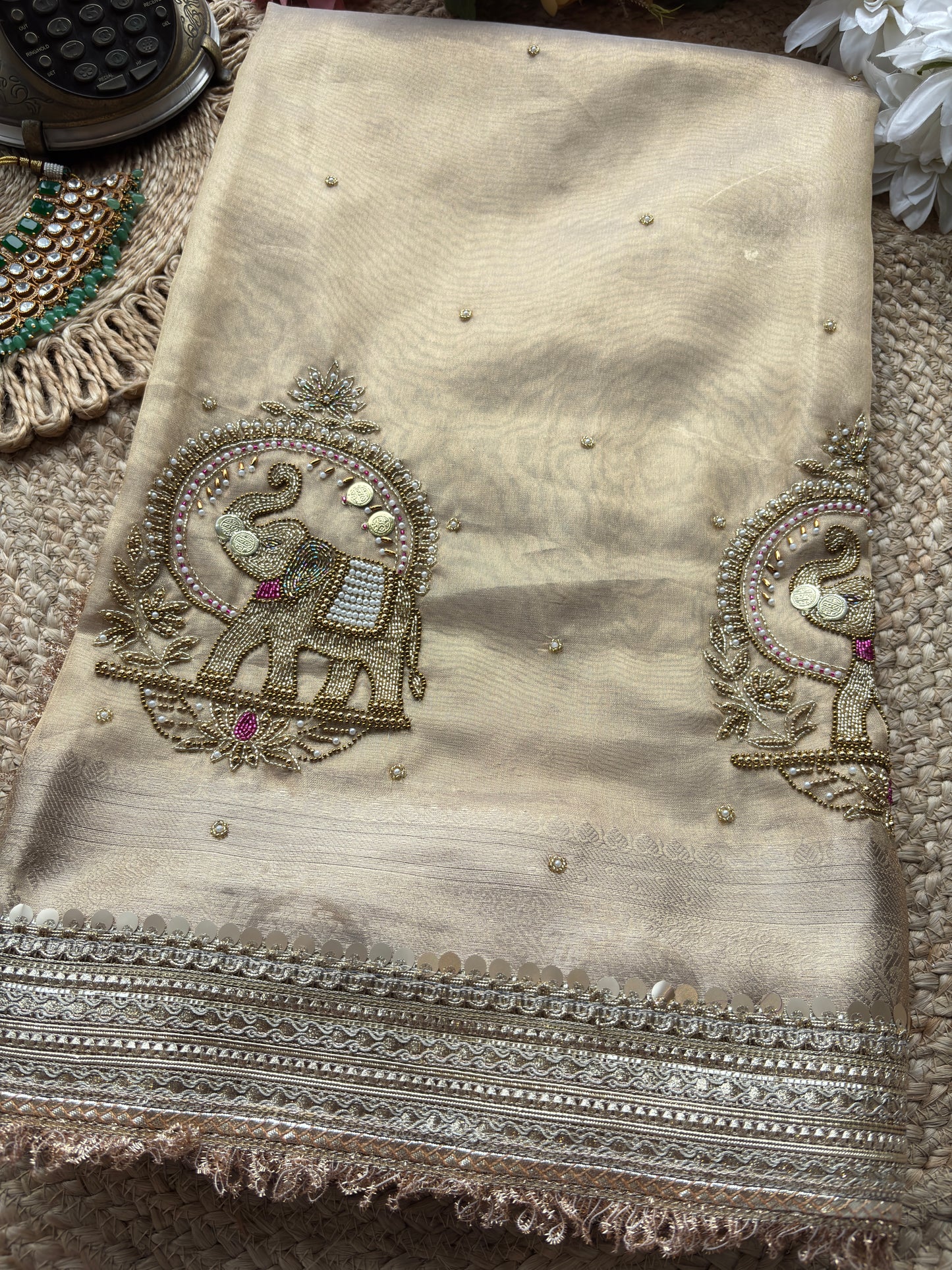 Golden Gajanand Maharani Saree With Embroidery and Golden Border